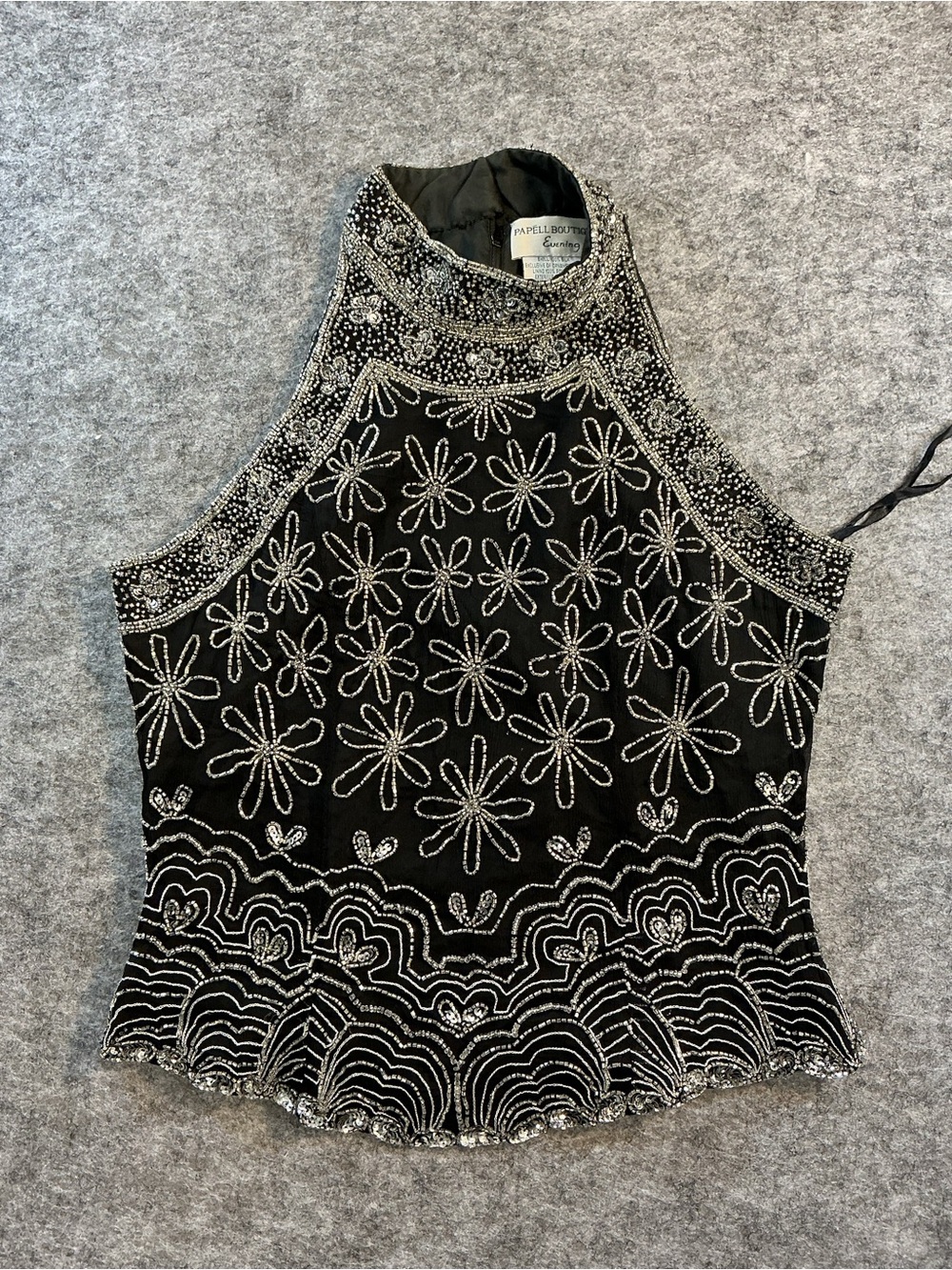 Papell Vintage Silk Boutique Black Beaded Halter Top Size M